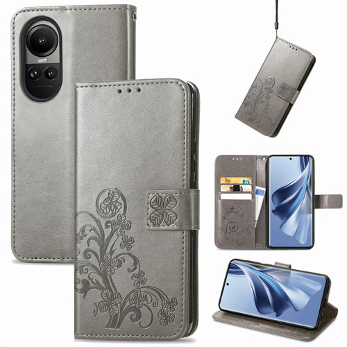 OPPO Reno10 Global / 10 Pro Global Four-leaf Clasp Embossed Buckle Leather Phone Case - Grey