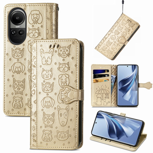 OPPO Reno10 Global / 10 Pro Global Cat and Dog Embossed Leather Phone Case - Gold
