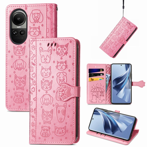 OPPO Reno10 Global / 10 Pro Global Cat and Dog Embossed Leather Phone Case - Pink