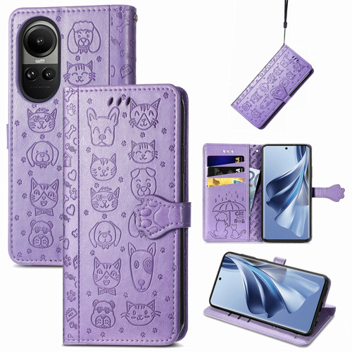 OPPO Reno10 Global / 10 Pro Global Cat and Dog Embossed Leather Phone Case - Purple