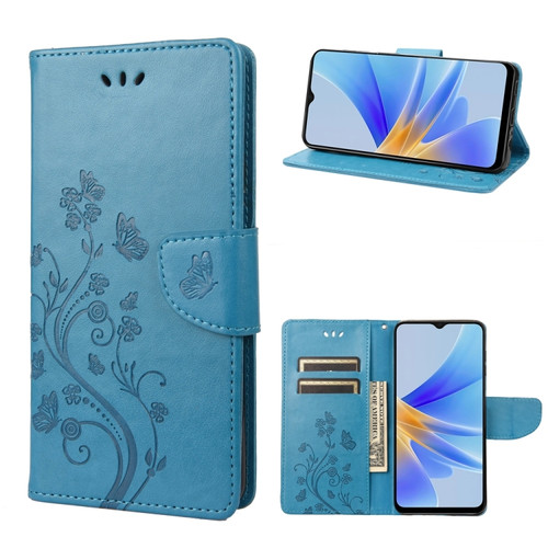 OPPO A17 Butterfly Flower Pattern Leather Phone Case - Blue