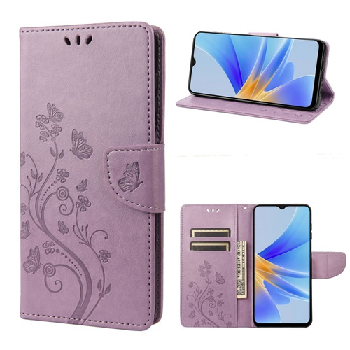 OPPO A17 Butterfly Flower Pattern Leather Phone Case - Light Purple