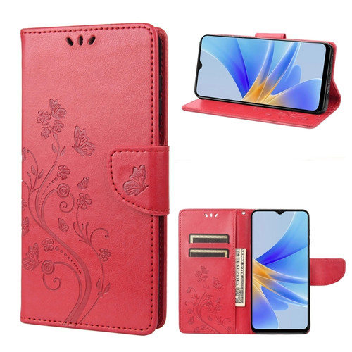 OPPO A17 Butterfly Flower Pattern Leather Phone Case - Red