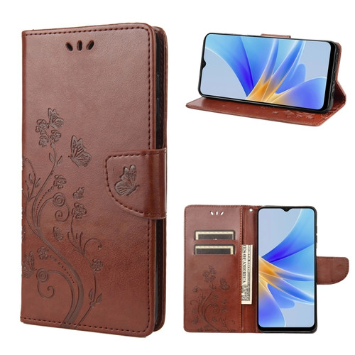 OPPO A17 Butterfly Flower Pattern Leather Phone Case - Brown