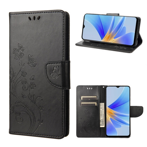 OPPO A17 Butterfly Flower Pattern Leather Phone Case - Black