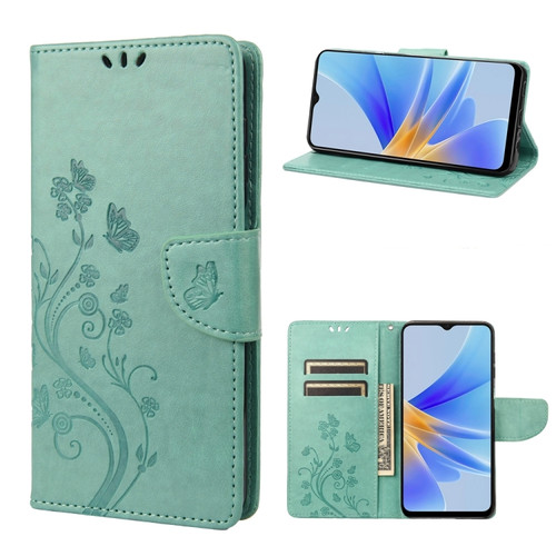 OPPO A17 Butterfly Flower Pattern Leather Phone Case - Green