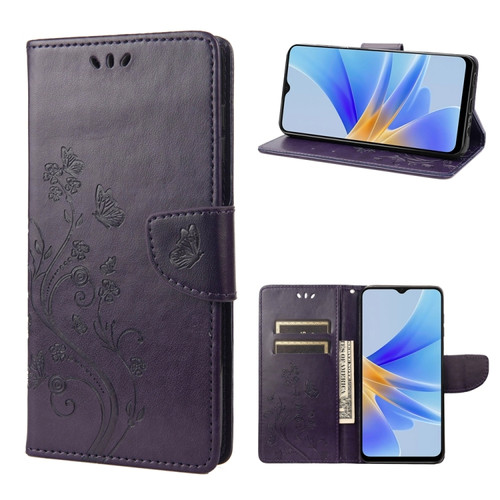 OPPO A17 Butterfly Flower Pattern Leather Phone Case - Deep Purple