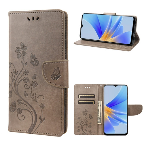 OPPO A17 Butterfly Flower Pattern Leather Phone Case - Grey