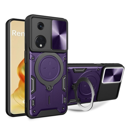 OPPO Reno8 T 5G CD Texture Sliding Camshield Magnetic Holder Phone Case - Purple
