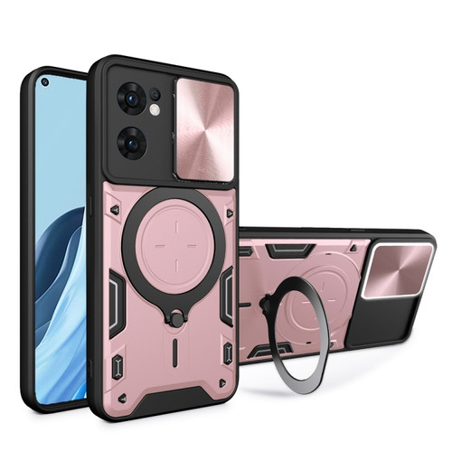 OPPO Reno7 5G CD Texture Sliding Camshield Magnetic Holder Phone Case - Pink