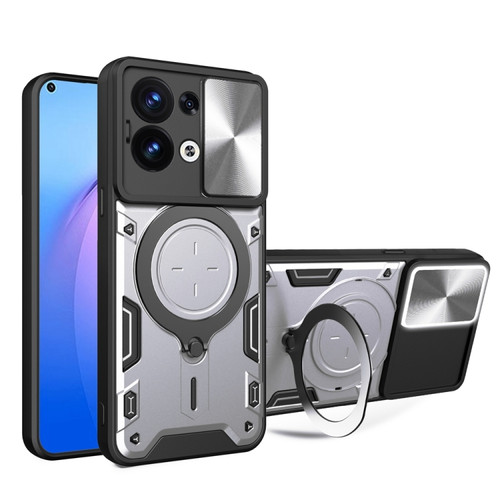 OPPO Reno8 5G CD Texture Sliding Camshield Magnetic Holder Phone Case - Silver