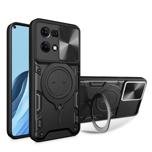 OPPO Reno7 4G / F21 Pro 4G CD Texture Sliding Camshield Magnetic Holder Phone Case - Black
