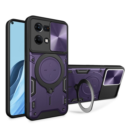 OPPO Reno7 4G / F21 Pro 4G CD Texture Sliding Camshield Magnetic Holder Phone Case - Purple