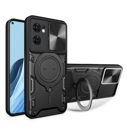 OPPO Reno7 5G CD Texture Sliding Camshield Magnetic Holder Phone Case - Black