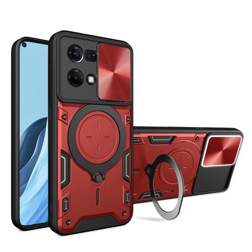 OPPO Reno7 4G / F21 Pro 4G CD Texture Sliding Camshield Magnetic Holder Phone Case - Red
