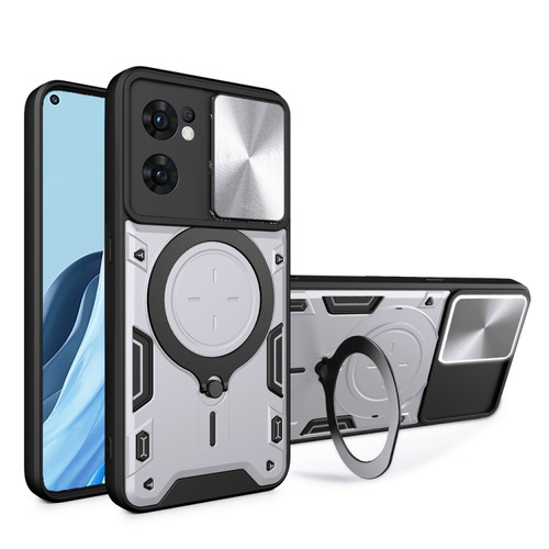 OPPO Reno7 5G CD Texture Sliding Camshield Magnetic Holder Phone Case - Silver