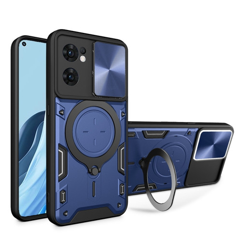 OPPO Reno7 5G CD Texture Sliding Camshield Magnetic Holder Phone Case - Blue