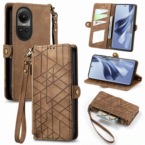 OPPO Reno10 / 10 Pro Global Geometric Zipper Wallet Side Buckle Leather Phone Case - Brown