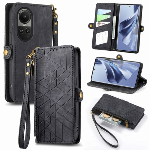 OPPO Reno10 / 10 Pro Global Geometric Zipper Wallet Side Buckle Leather Phone Case - Black