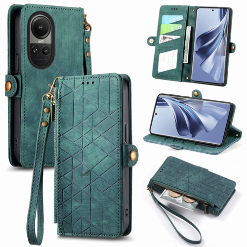 OPPO Reno10 / 10 Pro Global Geometric Zipper Wallet Side Buckle Leather Phone Case - Green