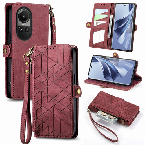 OPPO Reno10 / 10 Pro Global Geometric Zipper Wallet Side Buckle Leather Phone Case - Red