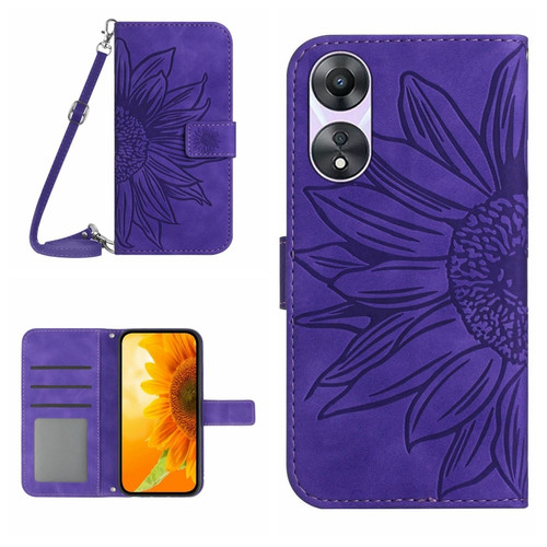 OPPO A58 5G/A78 5G HT04 Skin Feel Sun Flower Embossed Flip Leather Phone Case with Lanyard - Dark Purple