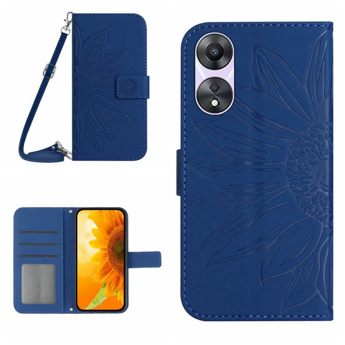 OPPO A58 5G/A78 5G HT04 Skin Feel Sun Flower Embossed Flip Leather Phone Case with Lanyard - Dark Blue