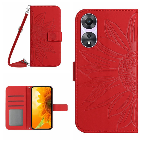 OPPO A58 5G/A78 5G HT04 Skin Feel Sun Flower Embossed Flip Leather Phone Case with Lanyard - Red