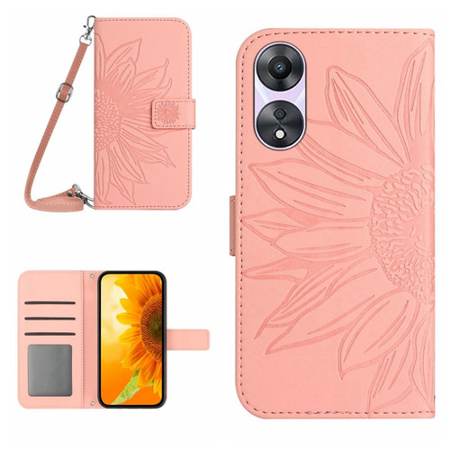 OPPO A58 5G/A78 5G HT04 Skin Feel Sun Flower Embossed Flip Leather Phone Case with Lanyard - Pink