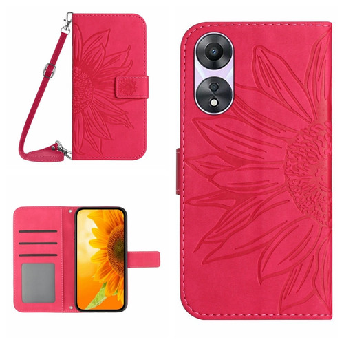 OPPO A58 5G/A78 5G HT04 Skin Feel Sun Flower Embossed Flip Leather Phone Case with Lanyard - Rose Red