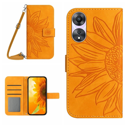 OPPO A58 5G/A78 5G HT04 Skin Feel Sun Flower Embossed Flip Leather Phone Case with Lanyard - Yellow