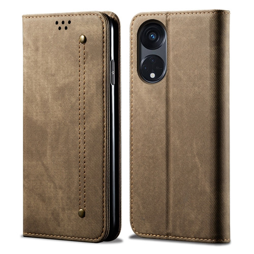 OPPO A98 5G Denim Texture Casual Style Horizontal Flip Leather Case - Khaki