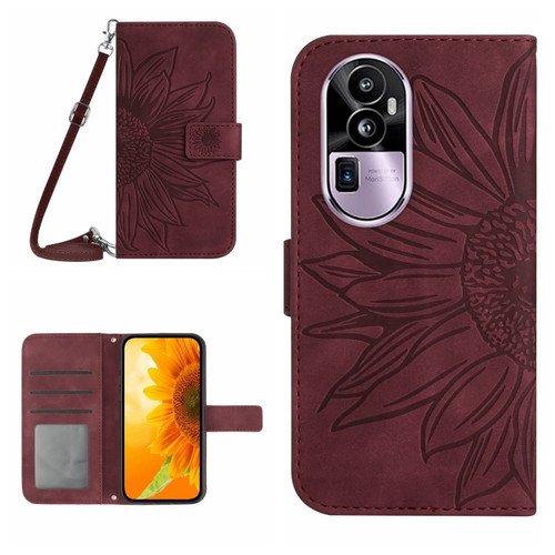 OPPO Reno10 Pro+ Skin Feel Sun Flower Embossed Flip Leather Phone Case with Lanyard - Wine Red