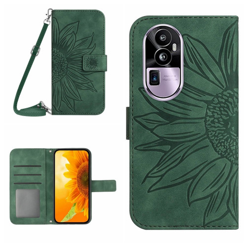 OPPO Reno10 Pro+ Skin Feel Sun Flower Embossed Flip Leather Phone Case with Lanyard - Green