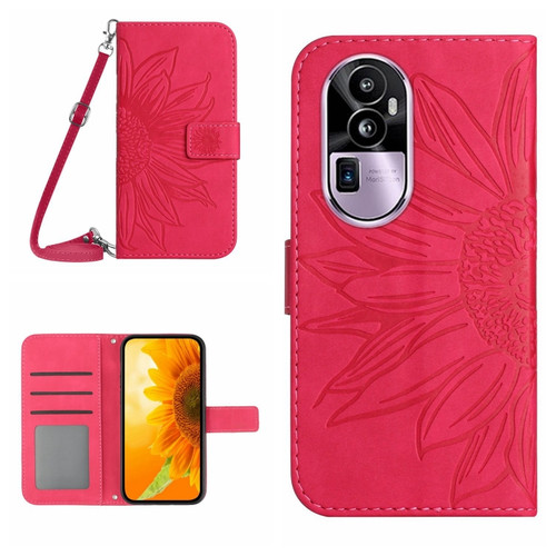 OPPO Reno10 Pro+ Skin Feel Sun Flower Embossed Flip Leather Phone Case with Lanyard - Rose Red