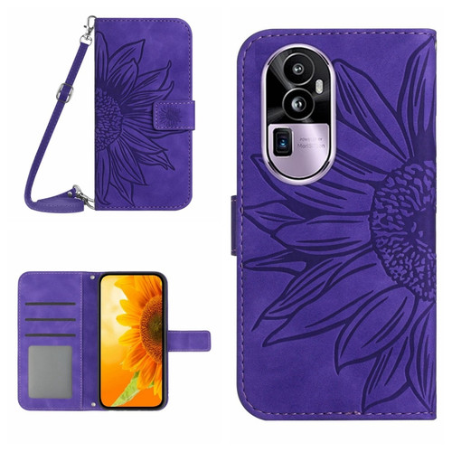 OPPO Reno10 Pro+ Skin Feel Sun Flower Embossed Flip Leather Phone Case with Lanyard - Dark Purple