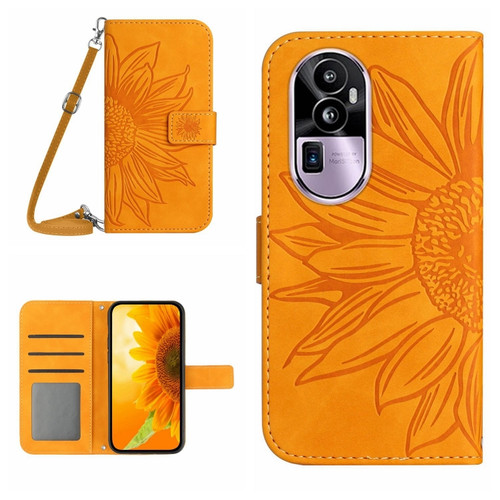 OPPO Reno10 Pro+ Skin Feel Sun Flower Embossed Flip Leather Phone Case with Lanyard - Yellow