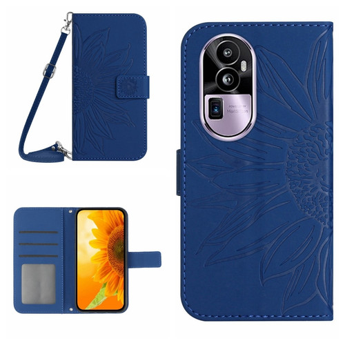 OPPO Reno10 Pro+ Skin Feel Sun Flower Embossed Flip Leather Phone Case with Lanyard - Dark Blue