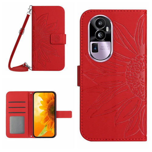 OPPO Reno10 Pro+ Skin Feel Sun Flower Embossed Flip Leather Phone Case with Lanyard - Red