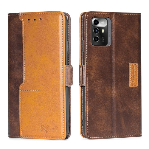 ZTE Blade A72 5G Contrast Color Side Buckle Leather Phone Case - Dark Brown + Gold