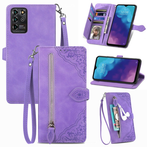 ZTE Blade V30 Vita Embossed Flower Zipper Leather Phone Case - Purple