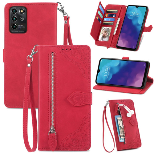 ZTE Blade V30 Vita Embossed Flower Zipper Leather Phone Case - Red