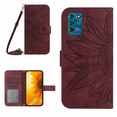 ZTE Blade V30 Vita Skin Feel Sun Flower Pattern Flip Leather Phone Case with Lanyard - Wine Red