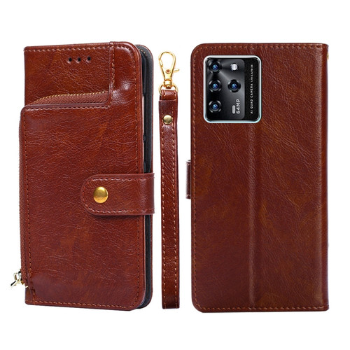 ZTE Blade V30 Zipper Bag PU + TPU Horizontal Flip Leather Phone Case - Brown