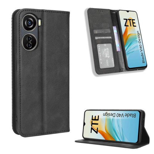 ZTE Blade V40 Design Magnetic Buckle Retro Texture Leather Phone Case - Black
