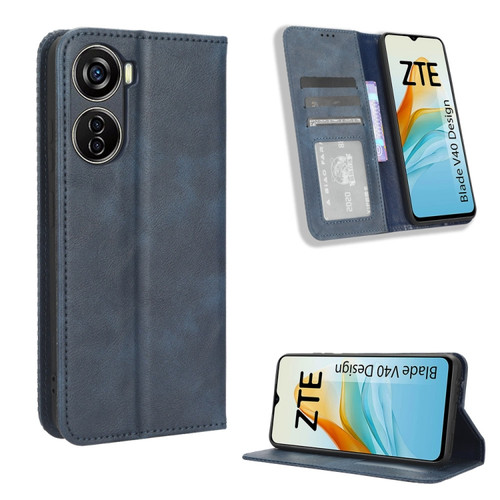 ZTE Blade V40 Design Magnetic Buckle Retro Texture Leather Phone Case - Blue