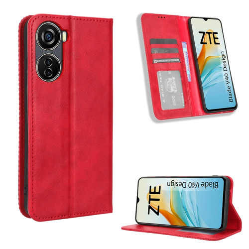 ZTE Blade V40 Design Magnetic Buckle Retro Texture Leather Phone Case - Red