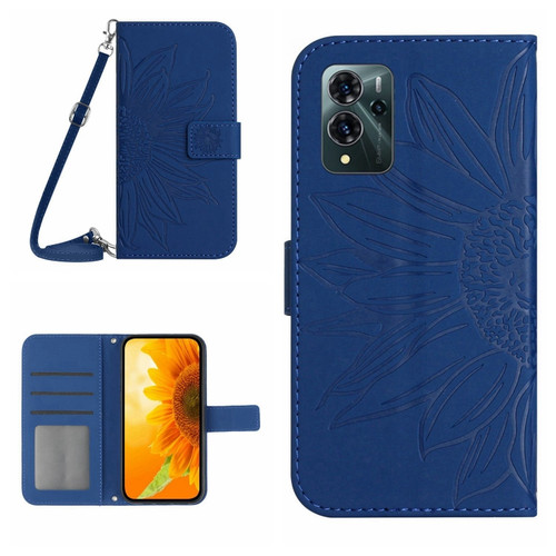 ZTE Blade V40 Pro Skin Feel Sun Flower Pattern Flip Leather Phone Case with Lanyard - Dark Blue