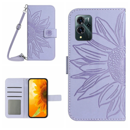 ZTE Blade V40 Pro Skin Feel Sun Flower Pattern Flip Leather Phone Case with Lanyard - Purple