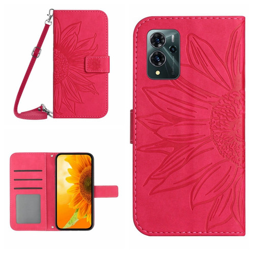 ZTE Blade V40 Pro Skin Feel Sun Flower Pattern Flip Leather Phone Case with Lanyard - Rose Red